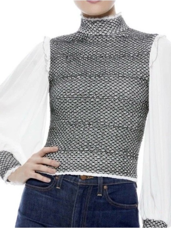 Alice + Olivia Tops - ALICE & OLIVIA Aviva Smocked Blouse Small Black Cream Statement Sleeve Cuff
